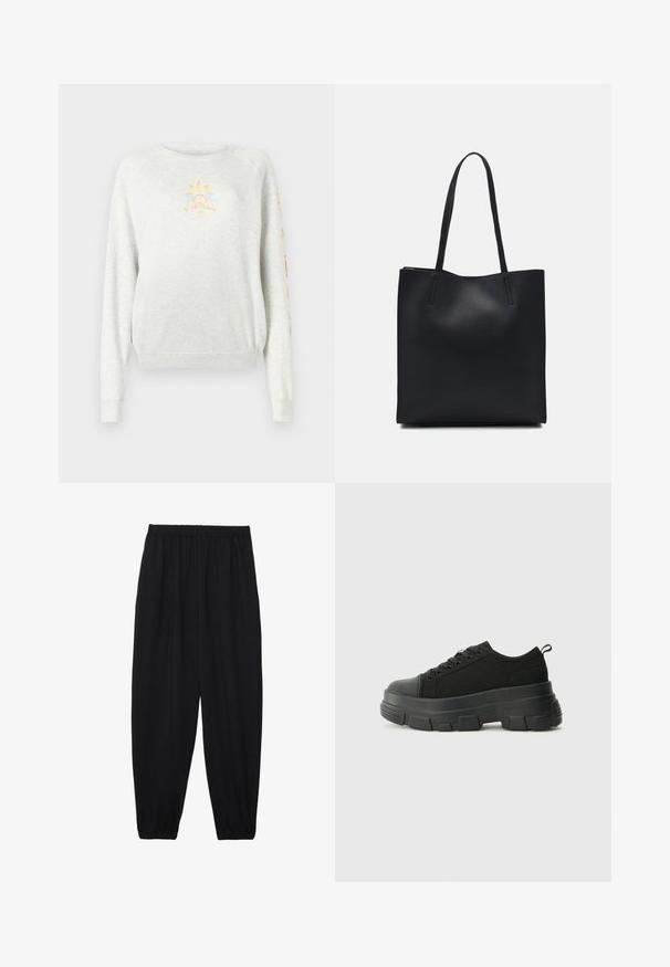 Világosszürke pulóver bordázott mandzsettákkal és aljal. Elülső részén sárga és kék nap grafika látható, a hüvelyen színes szöveggel.; Fekete, könnyű nadrág elasztikus derékkal és ráncolt bokákkal. Az anyag sima és laza, szűkített dizájnnal rendelkezik.; Fekete sportcipők vastag gumitalppal, texturált szövet felsőrésszel, kerek orral és fűzős kialakítással. Megerősített fűzőlyukakkal és hátsó húzófüllel rendelkezik.; Fekete bőrtáska sima felszínnel, téglalap alakú, két hosszú füllel. Nincs látható fémkiegészítő vagy díszítés.