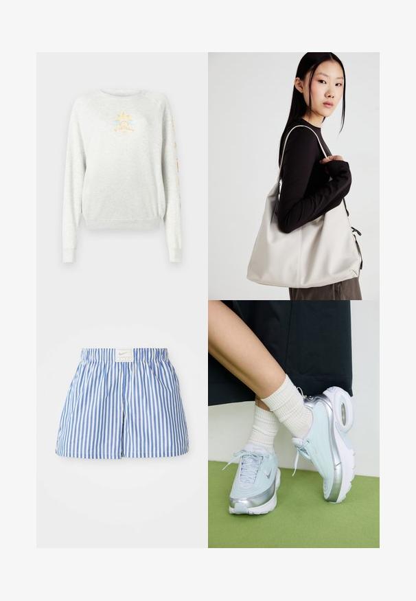 Gaišpelēks džemperis ar ribotiem piedurtņiem un apakšmalu. Uz priekša ir saules grafika dzeltenā un zilā krāsā, kā arī krāsains teksts uz piedurknes.; Zili un baltas svītrainas šortus ar elastīgu jostu un birku, uz kuras ir Nike logo. Izgatavoti no viegla auduma ar gludu tekstūru.; Gaiši zili sporta apavi ar sudraba akcentiem, teksturēts augšējais pārklājums, mīksts zole un redzama gaisa vienība. Apvienoti ar baltām ribotām zeķēm.; Bežs rokassoma, izgatavota no mīksta materiāla, ar brīvu dizainu, izšūtu apdari un divām plecu siksnām. Piemērota ikdienas lietošanai.