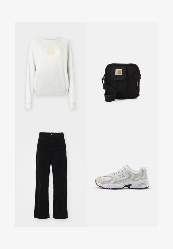 Svetlo šedý mikina s rebrovanými manžetami a lemom. Na prednej strane obsahuje grafiku slnka v žltej a modrej farbe a farebný text na rukáve.; Čierne kordové nohavice so širokými nohavicami a vysokým pásom, so zapínaním na prednej strane na gombík a zips, a s vertikálnou ribovanou textúrou po celom povrchu.; Športová obuv s hornou časťou zo svetlošedého sieťového materiálu so semišovými akcentmi, bielymi šnúrkami a čiernou gumovou podrážkou. Výrazný detail odpruženia ABZORB.; Čierna crossbody taška so zipsom, hlavnou priehradkou, prednou kapsou, nastaviteľným popruhom a viditeľnou nášivkou loga na klape.