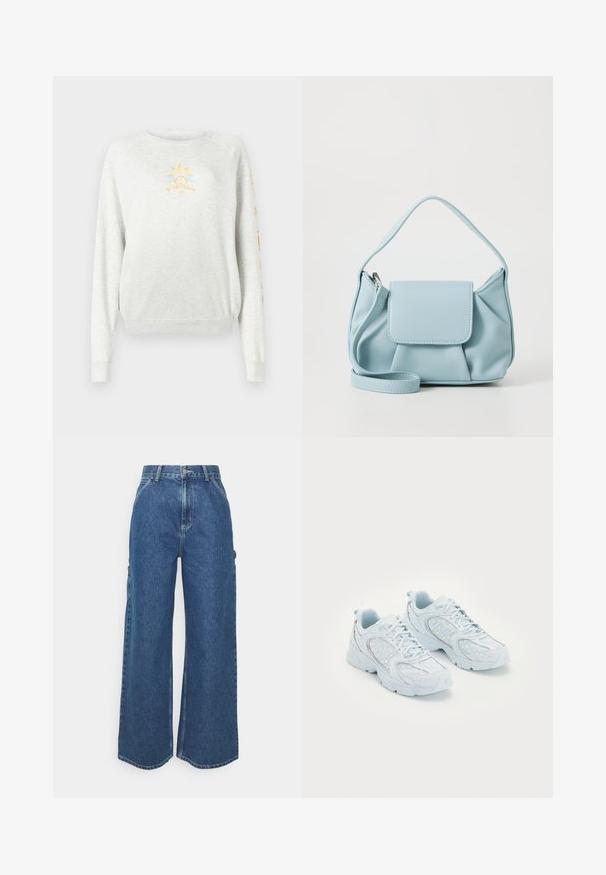 Světle šedá mikina se žebrovanými manžetami a spodním lemem. Na přední straně má grafiku slunce v žluté a modré barvě a barevný text na rukávu.; Široké modré džíny s vysokým pasem, kontrastním šitím a postranními kapsami, které mají klasický design s pěti kapsami a rozstřižené lemy.; Světle modré sportovní boty s vrstveným a syntetickým svrškem, zdobené bílými puntíky a reflexními akcenty, šněrovací design a odpružené podešve.; Světle modrá kožená kabelka s horním uchycením, přední klopovou kapsou a odnímatelným zápěstním popruhem na bílém pozadí.