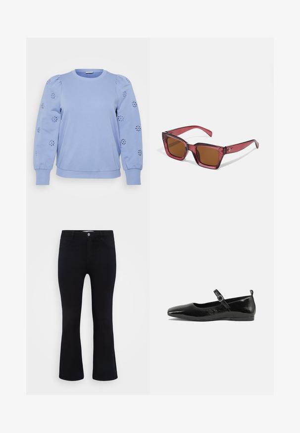 Svetle modrý pulovrový svetr s nafouknutými rukávy, zdobený květinovými výřezy na rukávech a žebrovaným spodním lemem a manžetami.; ONLY Carmakoma CARTHUNDER PUSH UP - Široké džíny - black denim; Černá lakovaná balerína s špičatou špičkou, kotníkovým páskem s přezkou a hladkým, lesklým povrchem. Nízký podpatek pro pohodlí.; Čtvercové sluneční brýle s červeným nádechem a hnědými skly. Vyrobené z průhledného plastu. Mají výrazný úhlový design a decentní logo na straně.