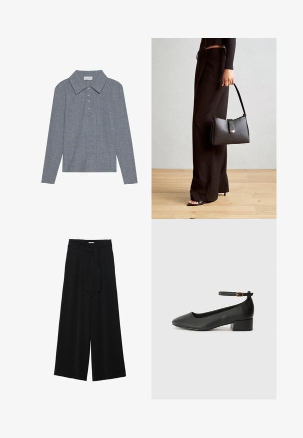 Sivi rebrasti polo majica s dugim rukavima, širokim ovratnikom i pet dugmadi. Tkanina je mekana s vertikalnim linijama.; Crne široke hlače od teksturirane tkanine, s elastičnom pojasom i odvojivim remenom na struku za prilagodivo pristajanje.; Crne kožne pumpe s oštrim vrhom i niskom blok petom. Sadrže remen oko gležnja s zlatnim kopčanjem. Glatka tekstura.; Crna torba s oblikom koji sadrži strukturu, glađu teksturu i metalnu kopču. Uparena s širokim crnim hlačama i sandalama na otvorenom s drvenog poda.