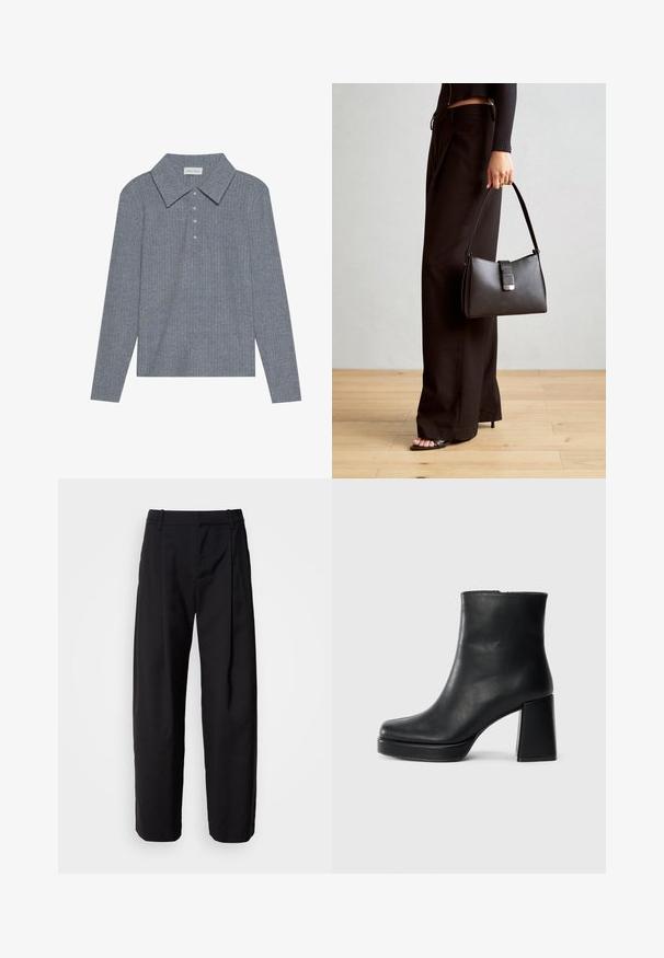 Grå stripete langermet polo skjorte med bred krage og fem knapper. Stoffet er mykt med vertikale linjer.; Svarte bukser med avslappet passform, plisserte foran og beltehemper. Glatt stoff og rette ben, med sidelommer.; Sorte skinnankelsko med blokkhæl og plattformsåle, sett fra siden på en enkel hvit bakgrunn.; Svart håndveske med strukturert form, jevn tekstur og metallisk lås. Kombinert med brede svarte bukser og sandaler med åpen tå på tregulv.