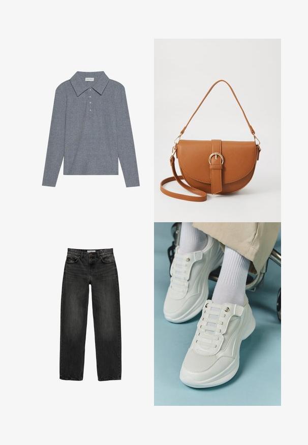 Harmaa ribattu pitkähihaisen polo-paita, jossa on leveä kaulus ja viiden napin placket. Kangas on pehmeää, ja siinä on pystysuoria viivoja.; Mustat farkut rentoa istuvuutta, suora lahje, viisi taskua ja hieman haalistunut pinnan rakenne. Napin ja vetoketjun sulku edessä.; Valkoiset lenkkarit, joissa on verkkokangas, kumipohja, nauhattomuus elastisilla nauhoilla ja kultatäyteiset yksityiskohdat.; Ruskean nahkainen olkalaukku, jossa on kaareva muoto, kultaiset yksityiskohdat ja solkiyksityiskohta. Varustettu irrotettavalla olkahihnalla.