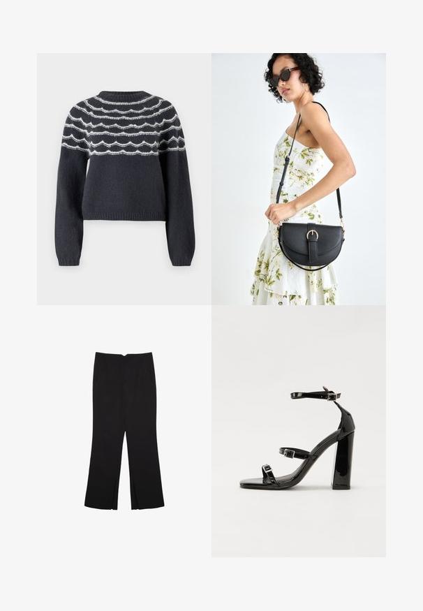 Maglione grigio scuro lavorato a maglia con collo rotondo, caratterizzato da linee ondulate bianche sul petto. Le maniche lunghe e l'orlo a coste completano il design.; Pantaloni neri a gamba dritta, con tasche frontali e spacchi laterali all'orlo. Realizzati in tessuto morbido e liscio. Adatti a diverse occasioni.; Sandali con tacco alto in vernice nera con due cinturini con fibbia, punta quadrata e tacco spesso a blocco, caratterizzati da una texture liscia e lucida.; Borsa a tracolla nera in pelle con una forma curva, manico rimovibile e accessori dorati. La borsa presenta una patta con un dettaglio a fibbia.