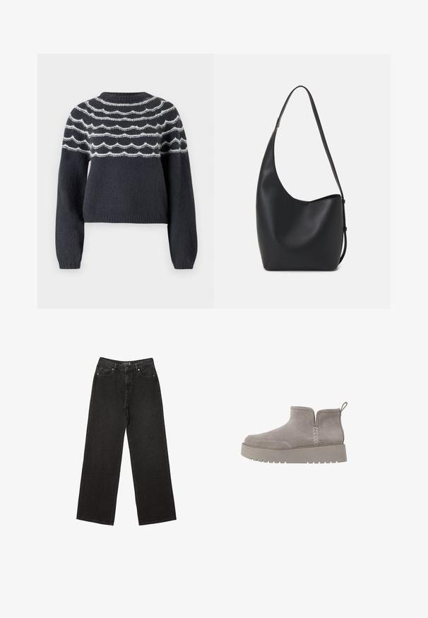 Dunkelgrauer Strickpullover mit rundem Hals, der weiße wellenförmige Linien über die Brust hat. Lange Ärmel und ein gerippter Saum runden das Design ab.; Schwarze weit geschnittene Jeans aus Denim, mit kleinen gepunkteten Mustern, klassischem Fünf-Taschen-Design und einem Knopf- und Reißverschluss.; Grau Wildleder-Ankle-Boot mit niedrigem Profil, elastischen Seitenpaneelen und einer strukturierten Gummisohle. Verfügt über eine Zuglasche für einfaches Anziehen.; Schwarze Leder-Hobo-Tasche mit einer glatten Textur, geschwungener Form und einem einzelnen verstellbaren Tragegurt; verfügt über eine weite Öffnung am oberen Ende.