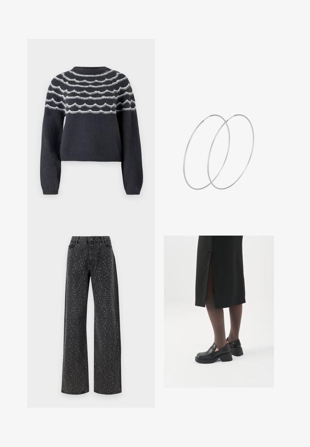 Temno siva pletena pulover s okroglim izrezom, ki ima bele valovite črte čez prsni del. Dolgi rokavi in rebrast rob dopolnjujeta zasnovo.; Noisy May NMJANNEL LOOSE - Široke kavbojke - black denim; Črne usnjene čevlje s zaobljenim prstom, debelim blokastim petama in elastičnimi stranskimi detajli, v kombinaciji s temno nogavicami in črno krilo z razporkom.; Srebrne uhane v obliki obroča z minimalističnim dizajnom. Krožna oblika, gladka tekstura in tanek profil. Lahki s poliranim zaključkom.