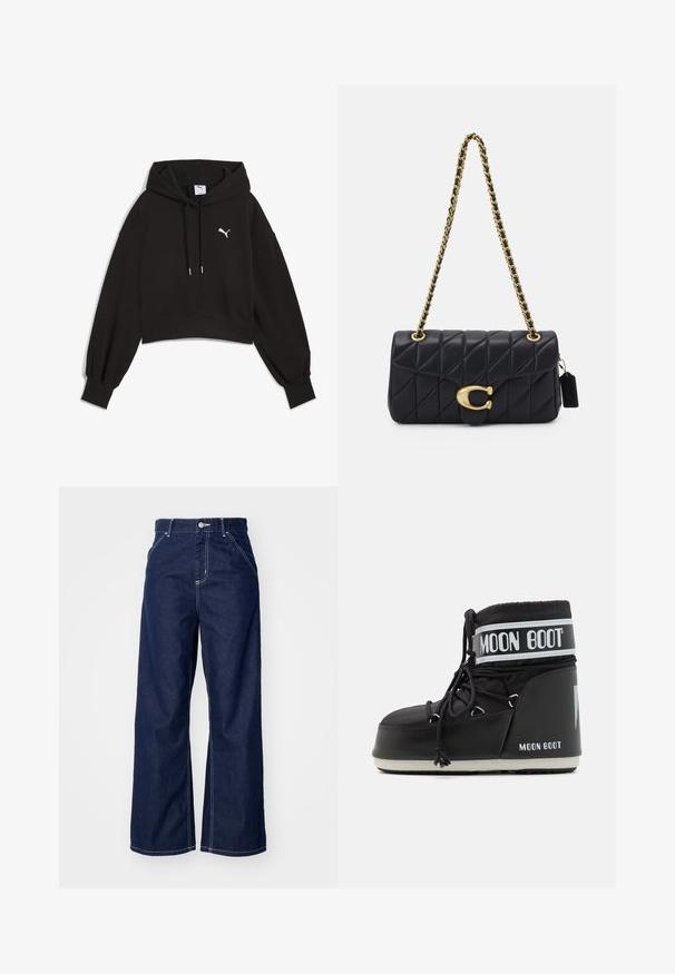 Sudadera corta negra de tejido de sudadera. Presenta una capucha con cordones, mangas anchas y un logo de Puma en blanco en el pecho.; Jeans de pierna ancha en denim azul oscuro, con una cintura alta, costuras blancas en contraste y diseño tradicional de cinco bolsillos.; Bota Moon negra con parte superior acolchada, asegurada con cordones y una distintiva banda blanca con el logo. Suela de goma gruesa y texturizada.; Bolso de mano negro acolchado con una correa de cadena dorada, que presenta un distintivo clasp dorado y una pequeña etiqueta, mostrando una superficie de cuero texturizada.