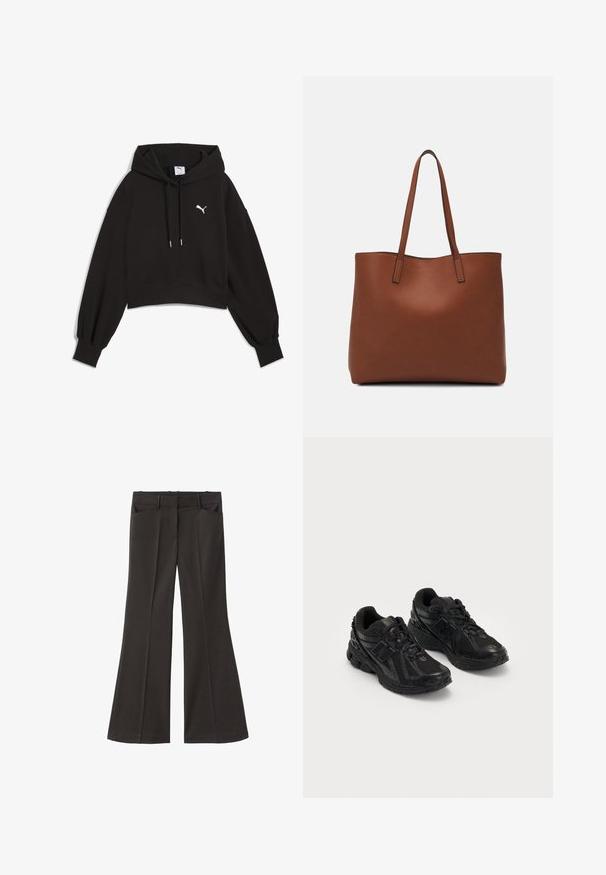 Felpa corta nera realizzata in tessuto felpato. Presenta un cappuccio con coulisse, maniche ampie e un logo Puma bianco sul petto.; Pantaloni neri a zampa d'elefante con vita alta; presentano due tasche frontali e una texture del tessuto liscia. Adatti per varie occasioni.; Scarpe sportive nere realizzate in rete e materiali sintetici. Presentano una suola ammortizzata, motivi testurizzati e un marchio impresso sul lato.; Borsa tote in pelle marrone con texture liscia, design con apertura superiore e due spallacci. Presenta cuciture minime e nessun hardware visibile.
