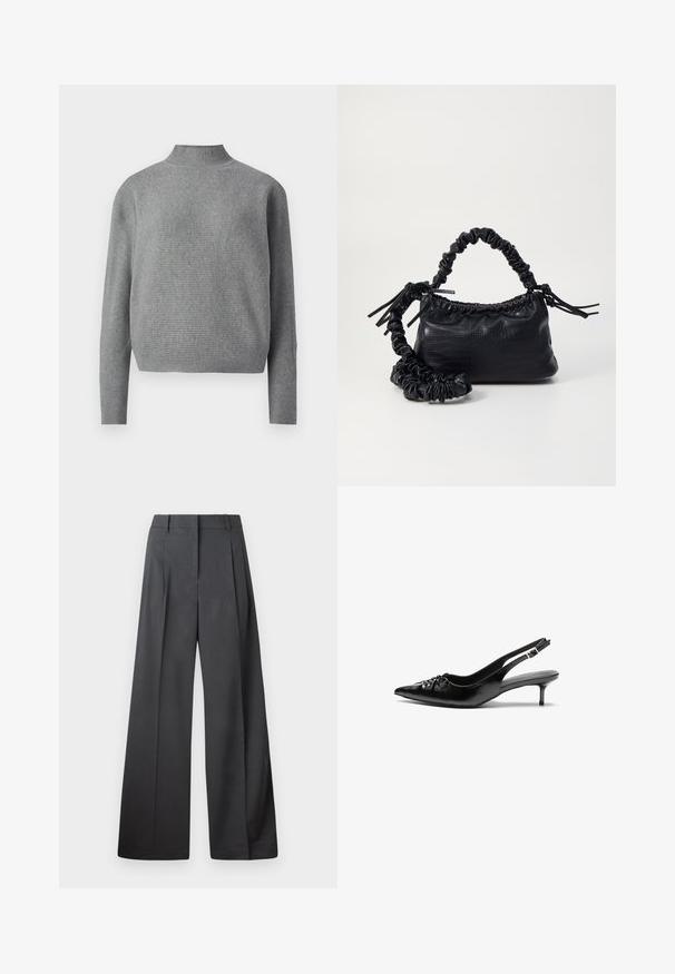 Svijetlosivi rebrasti pleteni pulover s visokim ovratnikom i dugim rukavima, prikazan na bijeloj pozadini.; Hlače širokih nogavica u tamnosivoj tkanini, s visokim strukom, jednim naborom i glatkom teksturom s urednim završetkom na rubovima.; Crne kožne sandale na petu s ikkrenim nosom, malom kitten petom i dekorativnom mašnom sprijeda. Glatka tekstura svuda.; Crna torba od umjetne kože s teksturom krokodila, s cinčanim vrhom i naboranom trakom. Izgleda mekano i kompaktno u dizajnu.