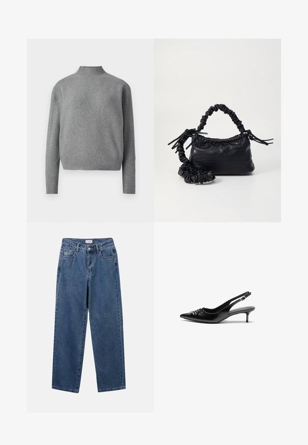 Világosszürke bordázott kötött pulóver magas állógallérral és hosszú ujjal, fehér háttér előtt bemutatva.; Klasszikus kék farmernadrág egyenes szárú dizájnal, öt zsebbel és gombos zárással. Közepes mosású és strapabíró textúrával rendelkezik.; Fekete bőrből készült slingback magassarkú cipők hegyes orral, kis francia sarokkal és díszes csomóval az elején. Az egész felületen sima textúra.; Fekete műbőr kézi táska krokodil bőr textúrával, összehúzható tetejű és gyűrt pánttal. Lágy és kompakt dizájnúnak tűnik.