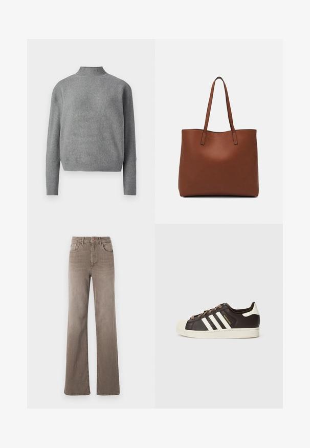Šviesiai pilkas raštuotas megztinis su aukštu apykaklių ir ilgomis rankovėmis, rodoma prieš baltą foną.; Rudos aukšto liemens tiesios kojos džinsai su priekyje esančiu mygtuku, dirželio kilpomis ir klasikiniu penkių kišenių dizainu baltoje fone.; Žemiaaukštis Adidas Superstar sportinis batelis tamsiai rudos spalvos odos, su kreminės spalvos apsaugine toe dalimi, baltais dryžiais ir „Superstar“ užrašu šone.; Ruda odinė priekabų krepšys su glotnia tekstūra, atviru viršumi ir dviem petnešomis. Su minimalia siuvimo detalėmis ir nematoma aparatūra.