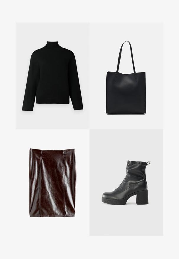 Svart polotröja i mjukt stickat material, med långa ärmar och avslappnad passform. Slät yta utan synliga mönster eller detaljer.; Hög midja, figurnära kjol gjord av glänsande, mörkbrunt syntetiskt material med vertikala sömmar och en slät yta.; Svarta ankelstövlar i slitstark läder, med sidodragkedja, kraftig strukturerad klack och rundad tådesign.; Svart lädertoffelväska med slät textur, rektangulär form och två långa handtag. Ingen synlig hårdvara eller dekorationer.