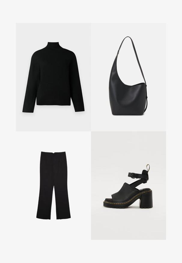 Un pull col roulé noir en tricot doux, doté de manches longues et d'une coupe décontractée. Texture lisse sans motifs ou accents visibles.; Pantalon noir avec une coupe droite, doté de poches avant et d'éclairs sur l'ourlet. Fabriqué en tissu doux et lisse. Convient à diverses occasions.; Sandales à talons noirs avec bout ouvert, brides de cheville réglables, tige en cuir lisse et semelle en caoutchouc texturé avec un détail de surpiqûre jaune.; Sac hobo en cuir noir avec une texture lisse, une forme incurvée et une seule sangle réglable ; dispose d'une large ouverture en haut.
