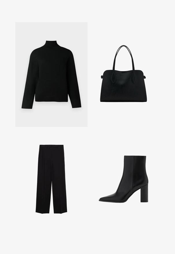 Čierny rolák z jemného pleteného materiálu, so širokými rukávmi a voľným strihom. Hladká textúra bez viditeľných vzorov alebo akcentov.; Čierne široké nohavice s hladkým materiálom, s plisovaním vpredu a bočnými vreckami, navrhnuté v rovnom a uvoľnenom strihu.; Čierna kožená členková čižma s špicatou špičkou, štvorcovým podpätkom, hladkou textúrou a šitými detailmi pozdĺž švov. Výška podpätkov je približne 3,5 palca.; Čierna kožená kabelka s dvojitými popruhmi na rameno, obdĺžnikový tvar a minimalistický dizajn na bielom pozadí.; Hnedé kožené rukavice s hladkým povrchom, obsahujúce päť prstov, elastický zápästný okraj a dekoratívne prešívanie pozdĺž okraja.