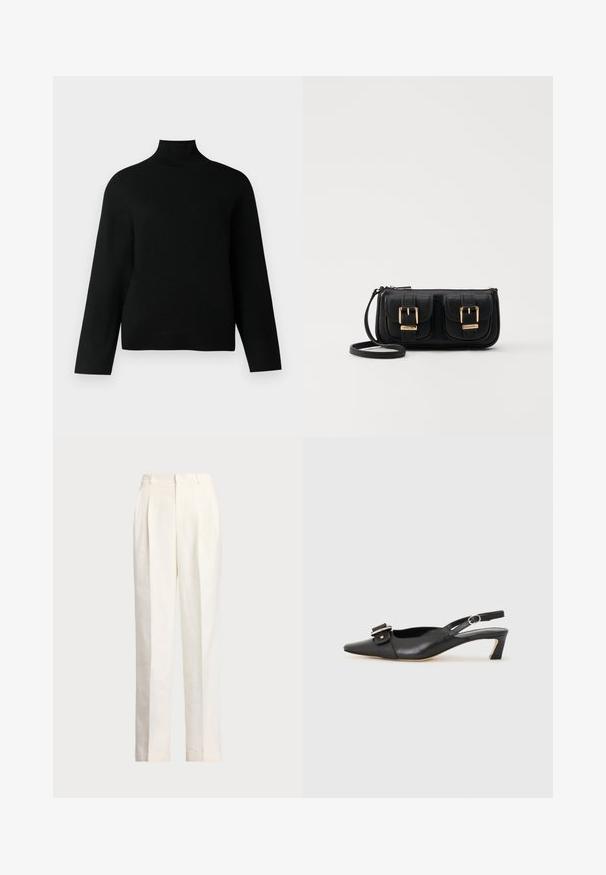 Melns augstais apkakles džemperis, kas izgatavots no mīkstā adījuma auduma, ar gariem piedurkņu un brīvu piegriezumu. Gluda tekstūra bez redzamām rakstām vai akcentiem.; Polo Ralph Lauren HEMP WIDE LEG PANT - Auduma bikses - nevis; Melnas ādas siksnu kurpes ar smailu pirkstu, nelielu papēdi un dekoratīvu sprādzi augšdaļā. Gluda tekstūra, minimālistisks dizains.; Melnas ādas crossbody soma ar divām priekšējām kabatām, zelta sprādzēm, ar rāvējslēdzēju aizdari un šauru siksnu. Strukturēta virsma un kompakta taisnstūra forma.