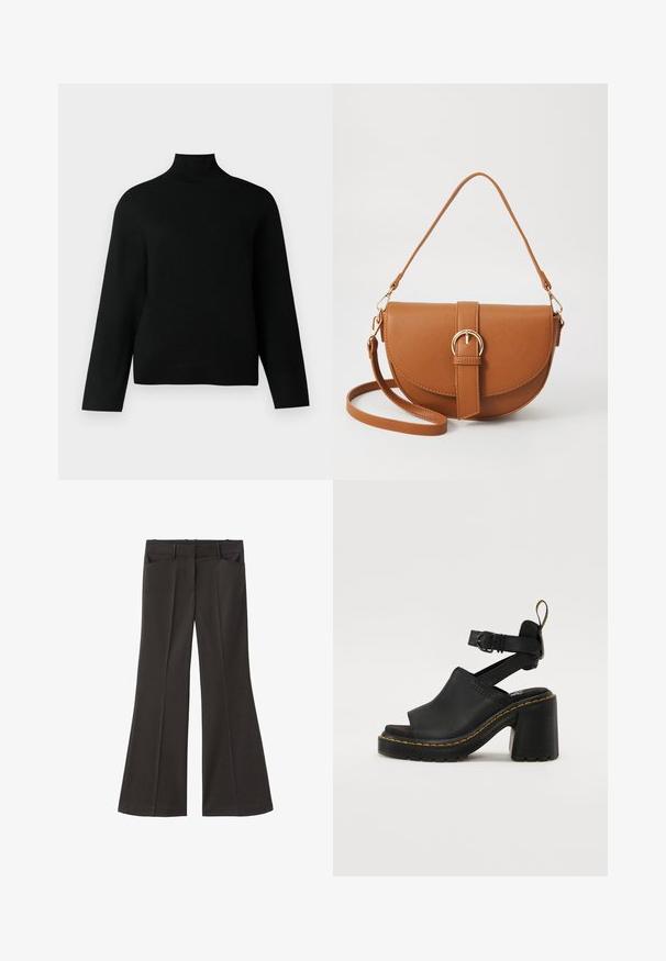 Sort turtleneck trøje lavet af blødt strikstof, der har lange ærmer og en afslappet pasform. Glat tekstur uden synlige mønstre eller accenter.; Sorte flagrende bukser med høj talje; har to forlommer og en glat stofstruktur. Egnet til forskellige anledninger.; Sorte hælede sandaler med åben tå, justerbar ankelrem, glat læderoverdel og tekstureret gummisål med gule syninger.; Brun læder crossbody taske med en buet form, guldfarvet hardware og en spændeaccent. Har en aftagelig skulderrem.; Sorte læderhandsker med glat tekstur, der har syninger langs fingrene og en tætsiddende design. Blødt, smidigt materiale for komfort.