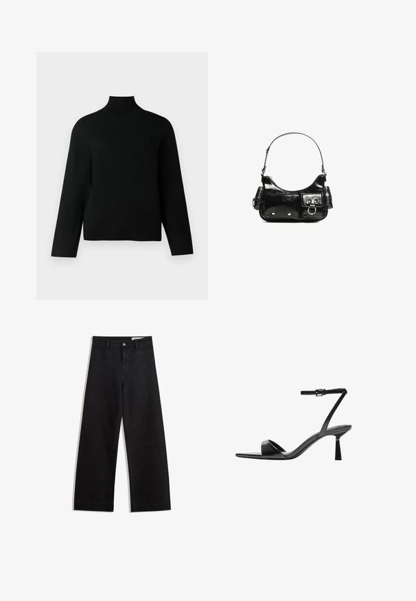 Czarny sweter z golfem, wykonany z miękkiej dzianiny, z długimi rękawami i luźnym krojem. Gładka faktura bez widocznych wzorów czy akcentów.; Czarne dżinsowe spodnie o szerokich nogawkach i wysokim stanie, z przednimi i tylnymi kieszeniami, przeszyciami oraz zapięciem na guziki. Gładka struktura.; Bershka - Sandały na obcasie; Czarna torebka z lakierowanej skóry o zaokrąglonym kształcie, z jednym paskiem na ramię, przednimi kieszeniami i akcentami w kolorze srebrnym.