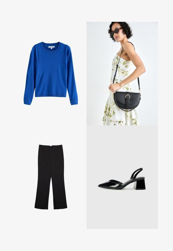 Blaues, langärmeliges Sweatshirt mit Rundhalsausschnitt, das über geraffte Details an den Schultern sowie gerippte Bündchen und Saum für zusätzliche Textur verfügt.; Schwarze Hose mit geradem Schnitt, ausgestattet mit Fronttaschen und Seitenschlitzen am Saum. Hergestellt aus weichem, glattem Stoff. Geeignet für verschiedene Anlässe.; Schwarze Lackleder-Slingback-High Heels mit spitzem Schuh und einem geometrischen Blockabsatz. Verfügt über ein schlankes, minimalistisches Design und eine glatte Textur.; Schwarze Lederhandtasche mit geschwungener Form, abnehmbarem Tragegurt und goldenen Beschlägen. Die Tasche verfügt über einen Deckel mit einer Schnallen-Details.