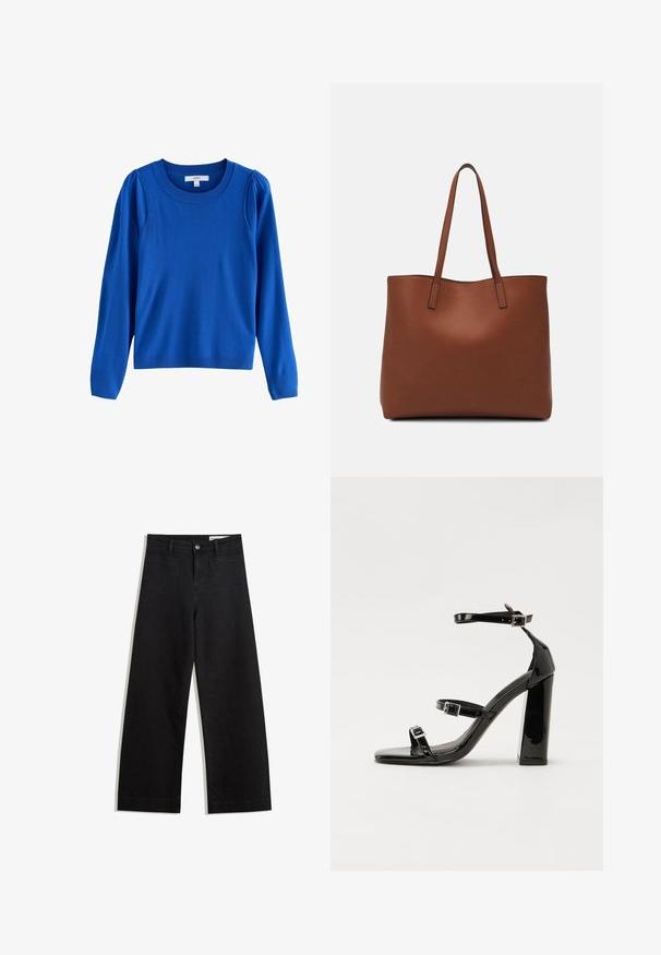Pulover albastru, cu mânecă lungă și guler rotund, cu detalii pliate pe umeri și manșete și tiv cu jerseu pentru o textură suplimentară.; Pantaloni din denim negri cu picioare largi, cu talie înaltă, având buzunare frontale și posterioare, cusături dublate și închidere cu nasture. Textură netedă.; Sandale cu toc din patent negru, cu vârf pătrat, curele la gleznă și catarame din argint. Dispune de un toc gros pentru stabilitate.; Geantă de umăr din piele maro cu o textură netedă, design cu vârf deschis și două curele pentru umăr. Prezintă cusături minime și fără componente metalice vizibile.