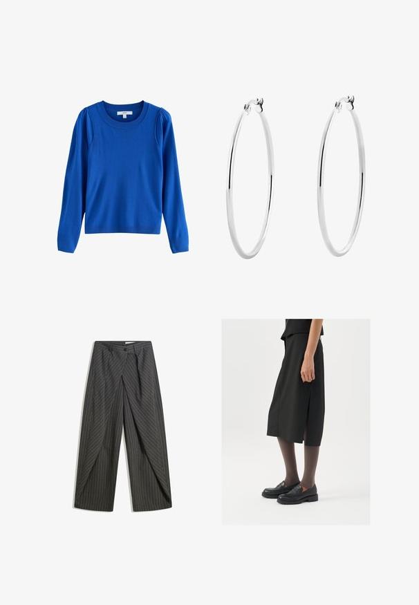 Blaues, langärmeliges Sweatshirt mit Rundhalsausschnitt, das über geraffte Details an den Schultern sowie gerippte Bündchen und Saum für zusätzliche Textur verfügt.; Graue Nadelstreifenhose mit lockerer Passform, einreihigem Knopfverschluss, Falten und weitem Bein. ; Schwarzer knielanger Rock mit seitlichem Schlitz, kombiniert mit schwarzen Loafers und transparenten braunen Strumpfhosen, aus glattem Stoff und mit einem schlichten Design.; Silberne Creolen mit einer glatten, polierten Oberfläche und einer dünnen, runden Form. Das Design verfügt über einen sicheren Verschluss.