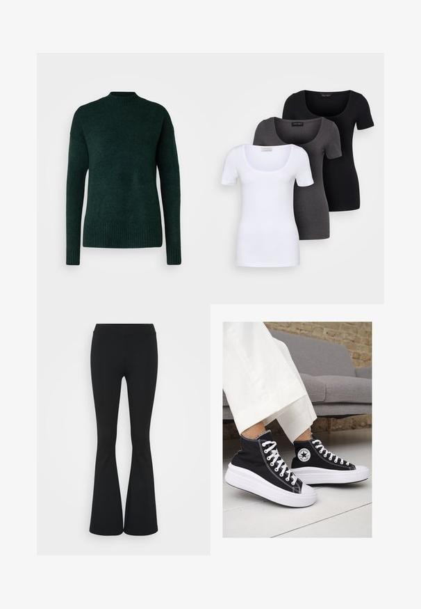 Vero Moda Tall VMLEFILE BOXY - Maglione - scarab melange; Tre T-shirt aderenti in bianco, grigio e nero. Ognuna presenta un ampio scollo a barca e maniche corte. Realizzate in un tessuto morbido e elastico.; Pantaloni neri a zampa d'elefante realizzati in tessuto elasticizzato, con una vita alta e una superficie liscia. I pantaloni si allargano a partire dal ginocchio.; Sneaker alte nere in tela con suole e lacci bianchi. Presentano un logo circolare sul lato e cuciture bianche a contrasto.