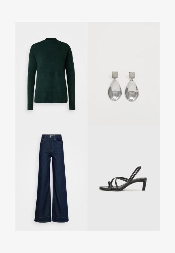 Vero Moda Tall VMLEFILE BOXY - Jumper - scarab melange; Dark blue high-waist wide-leg jeans with front pockets, belt loops, button closure, and visible stitching on a white background.; Black strappy sandal with a square toe and a low block heel. Features multiple thin straps and an adjustable ankle strap. Made of smooth leather.; Silver drop earrings with a square stud, featuring a smooth, polished finish and a teardrop shape, reflecting light with a glossy surface.