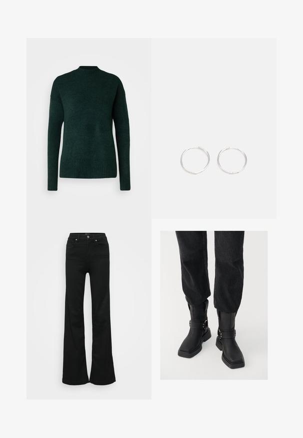 Vero Moda Tall VMLEFILE BOXY - Džemperis - scarab melange; Melnas flared džinsas, izgatavoti no denima, ar augstu jostasvietu, piecām kabatām un metāla pogu aizdari. Gluda tekstūra ar minimālu apdari.; Melnas ādas potīšu zābaki ar kvadrātveida purngalu, ar plašu jostu un metāla sprādzi. Zābakiem ir masīva zole un gluda virsma.; Sudraba riņķa auskari ar elegantu, apaļu dizainu, kas izceļas ar gludu virsmu un bez redzamām rotājumām. Diametrs netiek norādīts.