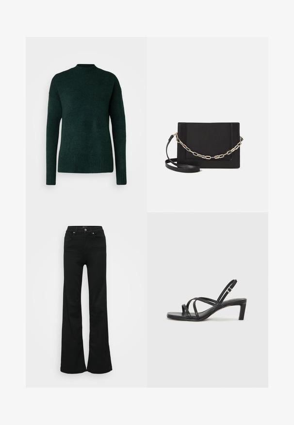 Vero Moda Tall VMLEFILE BOXY - Strikkegenser - scarab melange; Svarte utsvingte jeans laget av denim, med høy midje, fem lommer og metallknapplukking. Glatt tekstur med minimal detaljering.; Sorte sandaler med stropper, firkantet tå og lav blokk hæl. Har flere tynne stropper og en justerbar ankelstropp. Laget av glatt lær.; Svart lær crossbody-veske med glatt tekstur, rektangulær form og metallkjede detaljer på framsiden. Justerbar stroppe inkludert.