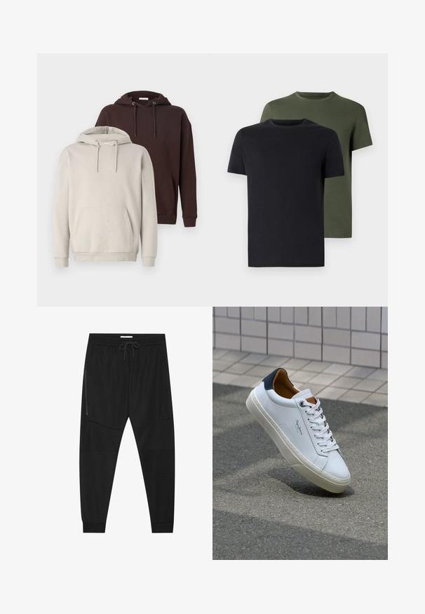 Två huvtröjor: en beige och en mörkbrun. Båda har en känguruficka, justerbara dragsnören och ribbade muddkanter.; Två crew-neck t-shirts i svart och olivgrön, tillverkade av mjukt bomullstyg. Designen är enkel med korta ärmar och rak passform.; Svarta träningsbyxor i texturerad tyg, med justerbart midjeband, ficka med dragkedja på sidan och avsmalnande muddar.; Vita lädersneakers med en marinblå häl, rund tå och kontrasterande bruna detaljer. Har plana snören och en texturerad gummisula.