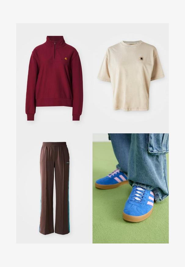 Carhartt WIP AMERICAN HIGH NECK - Sudadera - malbec; Camiseta de algodón beige con un corte relajado, cuello redondo, mangas cortas y un pequeño parche cuadrado de logo en el área del pecho izquierdo.; Pantalones deportivos marrones con textura acanalada, cinturilla elástica y rayas laterales turquesas. Presenta el logo de adidas en la parte frontal.; Zapatos de gamuza azul con rayas rosas y cordones blancos, con una suela de goma, combinados con pantalones denim holgados sobre una superficie verde.