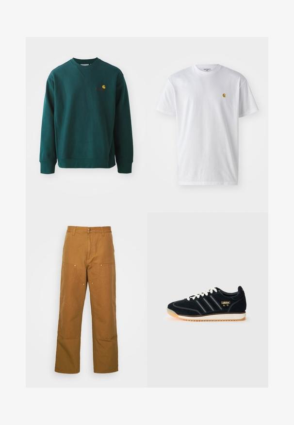 Ciemnozielony sweatshirt wykonany z bawełny, z prążkowanym okrągłym dekoltem, długimi rękawami i małym logo Carhartt na klatce piersiowej.; Biała bawełniana koszulka z krótkim rękawem, okrągłym dekoltem, z małym złotym logo na lewej części klatki piersiowej. Miękka textura i regularny krój.; Brązowe bawełniane spodnie robocze o prostym kroju, z przednimi kieszeniami i metalowymi elementami dla dodatkowej wytrzymałości.; Czarne zamszowe sneakersy z białymi sznurówkami, trzema białymi paskami z boku, teksturowanymi akcentami oraz gumową podeszwą z delikatnym pomarańczowym odcieniem.