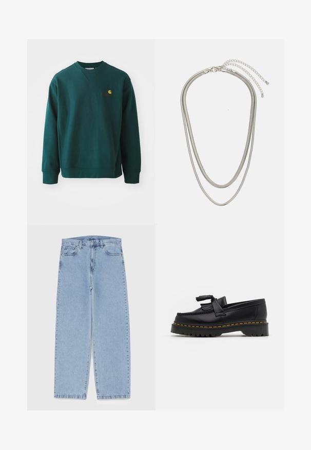 Tmavozelená mikina vyrobená z bavlny, s rebrovaným okrúhlym výstrihom, dlhými rukávmi a malým logom Carhartt na hrudi.; Svetlomodré denimové džínsy s rovnými nohavicami, s polovysokým pásom, piatimi vreckami a zapínaním na gombík a zips.; Čierne kožené loafre s detailom na strapcoch, s masívnou čiernou podrážkou a žltým prešitím pozdĺž okraja. S textúrovaným povrchom.; Trojvrstvový náhrdelník zo strieborného kovu s elegantnými, flexibilnými reťazami s jemným leskom, zabezpečený sponou typu langusta a nastaviteľným reťazcom.