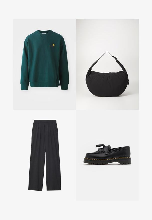 Mörkgrön sweatshirt i bomull med ribbad rundhals, långa ärmar och en liten Carhartt-logotyp på bröstet.; Vidbyxorna är tillverkade av mörkgrått tyg. De har veck i midjan, en skräddarsydd design och en rak silhuett.; Svart läderloafer med en tofsdetalj, med en kraftig svart sula och gul söm längs kanten. Strukturerad yta.; Svart tygaxelväska med en böjd form, som har en enkel rem och ett dragkedjestängning. Mjukt material, minimalistisk design.