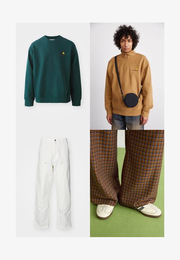 Sweatshirt verde escuro em algodão, com gola redonda canelada, mangas longas e um pequeno logotipo da Carhartt no peito.; Calças cargo brancas em algodão com um corte descontraído. As características incluem bolsos frontais, detalhes em metal dourado e áreas de joelhos reforçadas.; Calças largas em padrão xadrez castanho e azul, combinadas com sapatos brancos com detalhes pretos e solas texturizadas, contra um fundo verde.; Sweatshirt de felpa castanho com zíper de um quarto e logótipo bordado, acompanhado de uma mala crossbody preta com fecho e detalhe do logótipo, vestida sobre uns jeans.