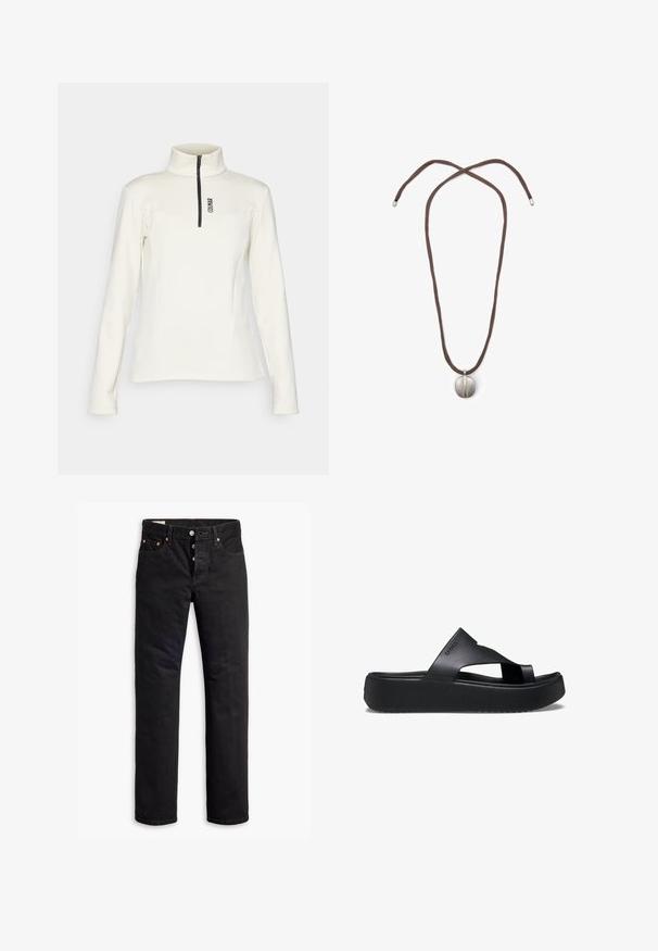 Colmar LADIES - Felpa - purity; Camicia a maniche lunghe di colore grigio chiaro e bianco, con righe verticali, colletto e polsini con bottoni. Realizzata in un tessuto leggero e textured.; Jeans in denim nero con taglio dritto, design a cinque tasche e chiusura con bottoni. Presentano rivetti in rame e dettagli di cucitura.; Infradito neri con piattaforma, dotati di suola in gomma texturizzata, caratterizzati da un design con fasce incrociate e una finitura opaca. Logo del brand discreto sul lato.; Collana con cordino marrone e pendente ovale in argento. Il pendente ha una superficie liscia e una leggera indentazione al centro.