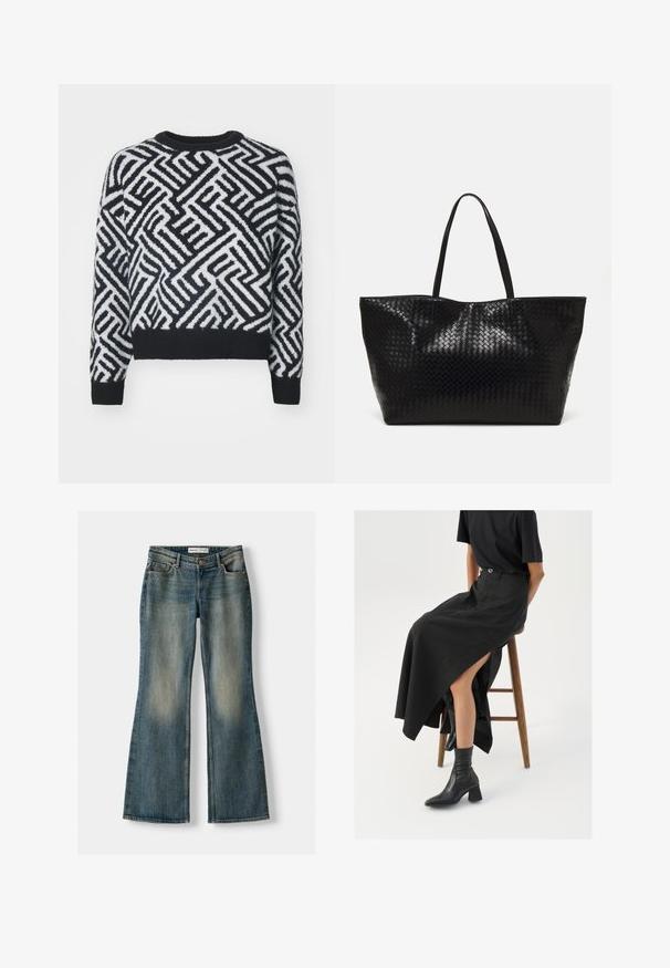 Pull noir et blanc présentant un motif géométrique, col rond et bords côtelés, confectionné dans un matériau en tricot doux et texturé.; Jeans flair bleus avec un lavage décoloré, cinq poches et une fermeture à bouton. Le matériau présente une texture en denim avec des détails de couture subtils.; Jupe maxi en lin noir avec une fente haute, portée avec un t-shirt noir et des bottes de cheville noires. Design minimaliste avec une coupe décontractée.; Sac fourre-tout tissé noir avec deux poignées robustes, présentant une texture brillante et un design à ouverture spacieuse.