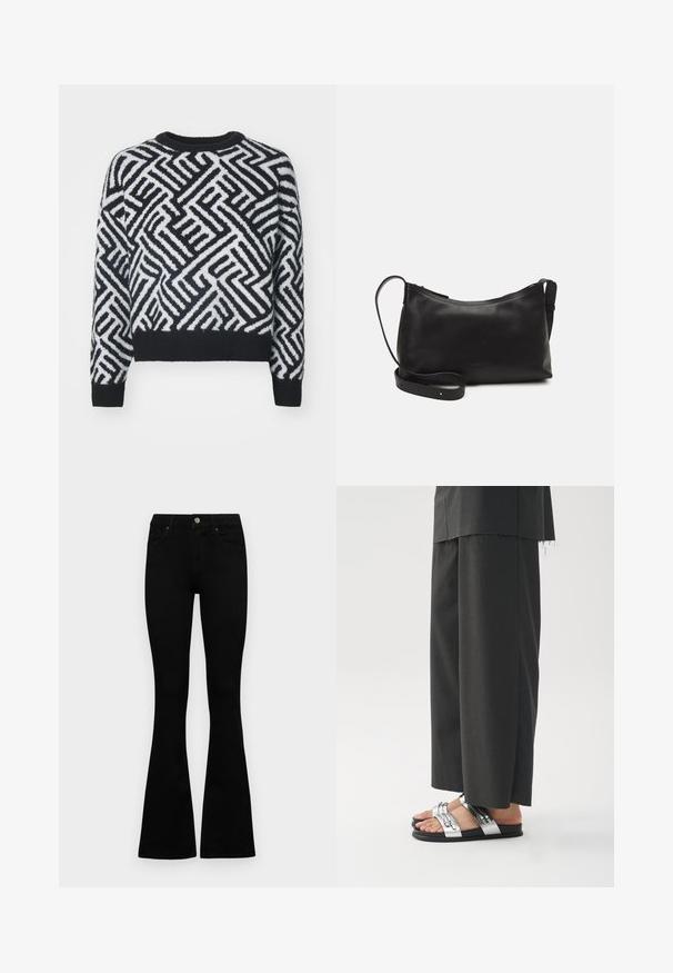 Pulôver preto e branco com um padrão geométrico, gola redonda e bainhas caneladas, construído a partir de um material de malha macia e texturizada.; Jeans pretos de cintura alta com fecho de botão e zíper, bolsos frontais e pernas largas dispostos em cima de um fundo branco.; Calças pretas com um corte solto e acabamento não cosido, combinadas com sandálias rasas que têm tiras prateadas e acessórios decorativos.; Bolsa de ombro em pele preta com textura suave, forma curva, alça ajustável e fecho com zip. Design minimalista sem adornos.