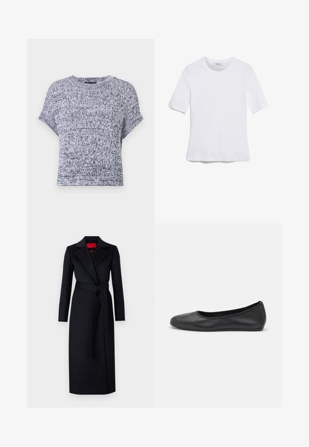 Short-sleeve, crew-neck sweater in a black and white knit pattern. Soft texture with a relaxed fit and rolled cuffs, suitable for casual wear.; White short-sleeve t-shirt made of ribbed fabric. Round neckline, regular fit, and subtle stitching details. No patterns or graphics.; Black trench coat with long sleeves, wrap design, and matching belt. Made of smooth fabric, features a notched collar and side pockets.; Black leather ballet flat with a rounded toe, smooth texture, minimal stitching detail, and a flexible sole design.