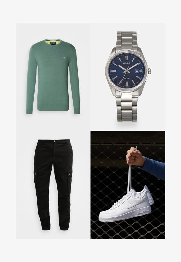 Groene gebreide trui met een ronde halslijn, lange mouwen en een klein geel logo op de borst. Soepele textuur met ribbelmanchetten.; Zwarte cargobroek van duurzaam stof, met zijzakken, een knoopsluiting en een slim fit ontwerp. Gladde textuur met minimale details.; Witte leren sneakers met perforaties, ronde neus, vlakke zool en dikke veters, met een zichtbare swoosh-logo en "AIR" op de hiel.; Zilveren roestvrijstalen horloge met een marineblauwe wijzerplaat, metalen uurmarkeringen en een datumnis op 3 uur. Waterbestendig tot 50 meter.