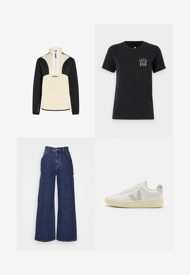 Quarter-zip trøje i beige og sort, blødt stof, har sorte ærmer og skuldre, hvid lynlås, O’Neill-logo på forsiden.; Converse FOREST ART TEE - T-shirts print - black; Bredde denimjeans i mørkeblå, med høj talje, for- og baglommer samt lynlås med metalknap. Glat tekstur og klassisk design.; Hvide lærreds sneakers med beige ruskindsdetaljer, perforeret tåboks, flade snørebånd og en struktureret cremefarvet sål. Har diskret branding på hælen.