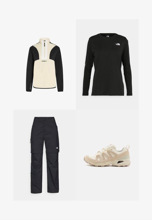 Quarter-zip pullover in cream and black, soft fabric, features black sleeves and shoulders, white zipper, O’Neill logo on front.; Black long-sleeve t-shirt made of cotton with a round neck. Features a small white logo on the left chest area. Simple design and fit.; Black nylon zip-off cargo trousers with adjustable cuffs, multiple pockets, and a logo on the right leg. Smooth, lightweight texture.; Beige and cream athletic shoe with textured mesh upper, supportive overlays, and rubber outsole featuring a tread pattern for traction.