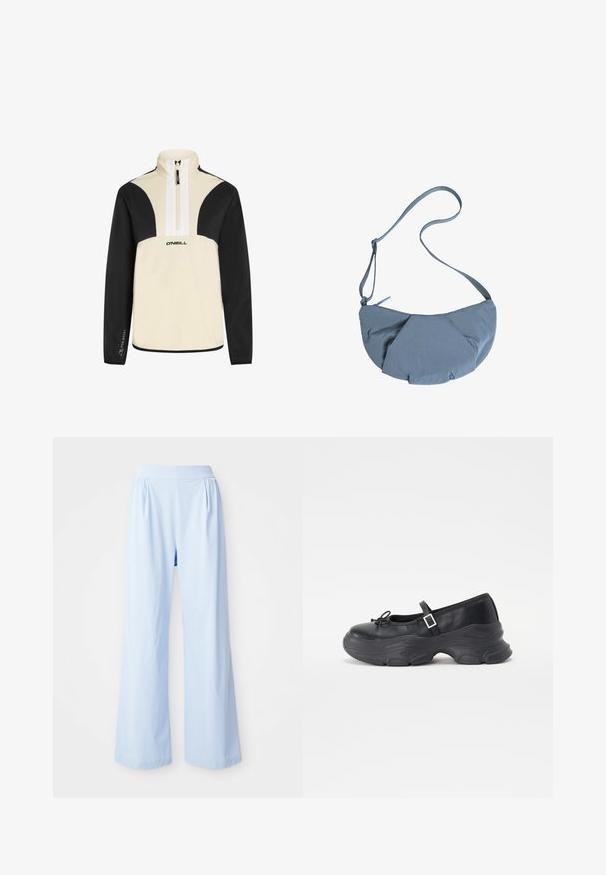 Viertelreißverschluss-Pullover in Creme und Schwarz, weicher Stoff, mit schwarzen Ärmeln und Schultern, weißem Reißverschluss und O'Neill-Logo auf der Vorderseite.; Hellblaue, weit geschnittene Hose mit glatter Textur, elastischem Bund und Falten im Vorderbereich. Hergestellt aus einem weichen Stoff.; Schwarze Leder-Mary-Jane-Schuhe mit einer abgerundeten Zehenpartie, Schleifendetail und verstellbarem Knöchelriemen. Mit einer stabilen Gummisohle mit geschwungenen Akzenten.; Grau, runder Stoff-Crossbody-Beutel mit einem gerafften Vorderdesign und einem dünnen, verstellbaren Gurt. Reißverschluss oben.