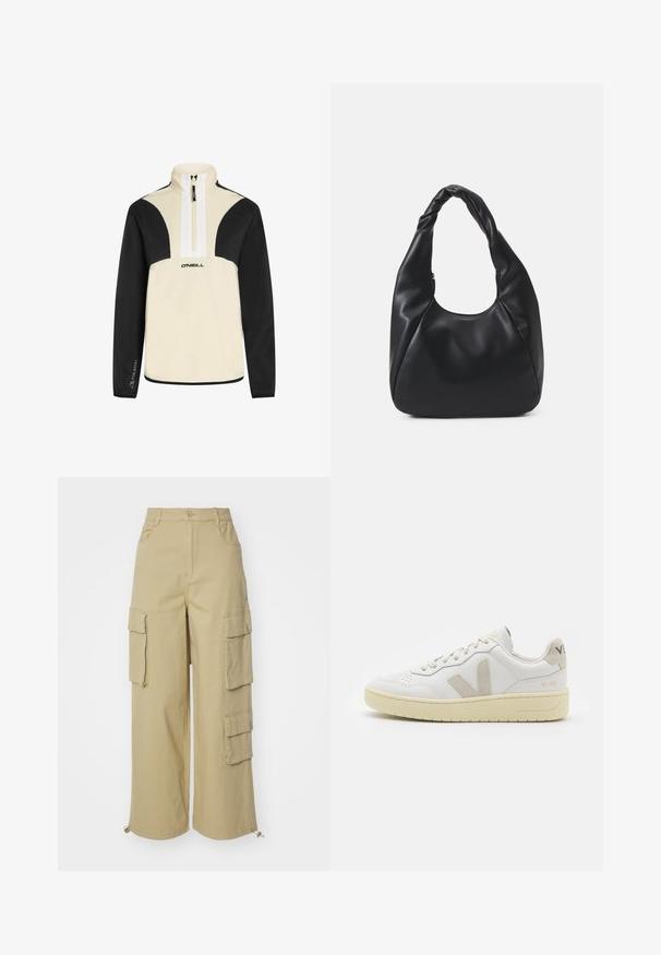 Pull en demi-fermeture éclair crème et noir, en tissu doux, avec des manches et des épaules noires, zipper blanc, logo O'Neill sur le devant.; Pantalons cargo beiges avec jambes larges, deux grandes poches latérales, poches avant et un détail à cordon au bas. Tissu en mélange de coton.; Baskets blanches en cuir avec des accents en daim beige, boîte à orteils perforée, lacets plats et semelle texturée crème. Présente un logo discret au talon.; Sac hobo noir en matériau semblable à du cuir, avec une anse torsadée, arborant une forme douce et arrondie, et une fermeture zippée sur le dessus.; Boucles d'oreilles en or avec une finition lisse et brillante. Design circulaire présentant un petit clou et une attache transparente pour un port sécurisé.