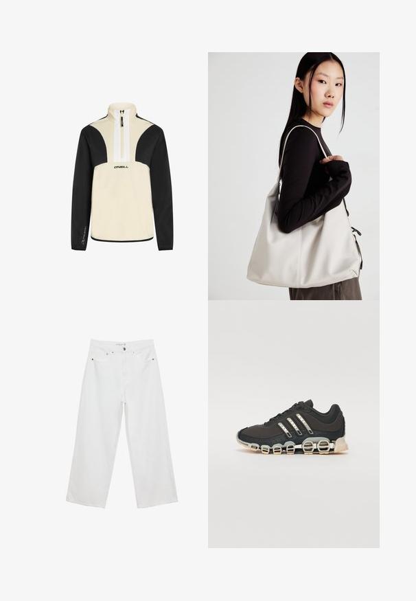 Rozpinany sweter w kolorze kremowym i czarnym, z miękkiego materiału, oferujący czarne rękawy i ramiona, białą zamkiem błyskawicznym oraz logo O'Neill z przodu.; Białe spodnie dżinsowe w stylu szerokich nogawek z wysokim stanem, wyposażone w pięć kieszeni i metalowe akcenty. Gładka struktura, bez widocznych wzorów.; Czarne sportowe buty z teksturowaną cholewką, trzema srebrnymi paskami i charakterystyczną podeszwą z amortyzacją, składającą się z wielu zintegrowanych sekcji.; Beżowa torebka wykonana z miękkiego materiału, charakteryzująca się luźnym fasonem, wyszywanymi detalami i dwoma uchwytami na ramię. Idealna na co dzień.