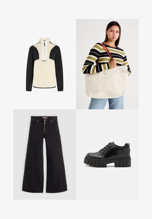 Pulover s četrtinskim zadrgo v kremni in črni barvi, mehak material, črne rokave in ramena, bela zadrga, O'Neill logotip spredaj.; Široke traperice iz črnega denima z zadrgo spredaj, petimi žepi in diskretnimi šivi. Gladka tekstura in ležeren slog.; Črne usnjene platforme z debelim blokastim petam, okroglo konico in klasičnim vezanjem. Imajo gladko teksturo in minimalne podrobnosti.; Velika bež platnena torba z rjavimi usnjenimi ročaji, ki se ponaša z minimalnim dizajnom in vidnimi šivi.