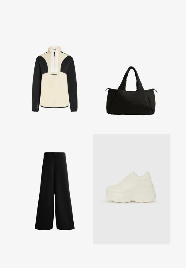 Quarter-zip pullover in crème en zwart, zacht materiaal, heeft zwarte mouwen en schouders, witte rits, O'Neill-logo aan de voorkant.; Zwarte wijde broekspijpen gemaakt van zachte stof. Voorzien van een hoge taille en een gladde textuur met strakke lijnen, biedt een losse, ontspannen pasvorm.; Witte platform sneakers met een gladde leren bovenkant, afgeronde vorm, gewatteerde kraag en een gestructureerde rubberen zool met duidelijke profiel.; Zwarte draagtas met een puffy textuur, voorzien van twee korte handvatten en een zijvak dat met een trekkoord is afgesloten. Eenvoudig, hoekig ontwerp.