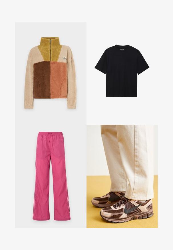 Rip Curl BLOCK PARTY POLAR - Felpa in pile - natural; T-shirt nera a maniche corte con scollatura rotonda, realizzata in morbido cotone. Presenta un design minimalista senza motivi o hardware visibili.; Pantaloni leggeri rosa con vita regolabile, design a gamba larga e strisce laterali bianche. Texture liscia, adatti per un abbigliamento casual.; Le sneakers Nike presentano una combinazione di mesh e gomma marrone e rosa chiaro, con accenti neri e una suola texturizzata, abbinate a pantaloni beige.