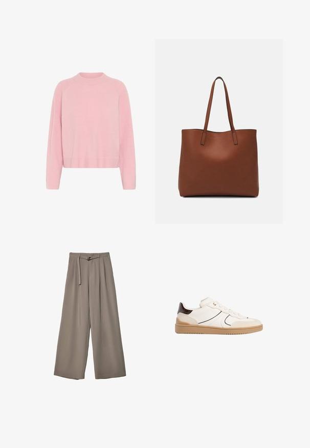 Svijetlopinkasti pleteni pulover s okruglim izrezom, rebrastom teksturom na rukavima i rubu te opuštenim krojem. Nema vidljivih uzoraka ili akcenta.; Široke hlače u mekoj, prigušenoj sivoj tkanini, s remenom na struku i plisiranim detaljima za dodatni dizajn. Glatka tekstura, bez uzoraka.; Stradivarius Tenisice - white; Smeđa kožna torba preko ramena s glatkom teksturom, otvorenim vrhom i dvjema naramenicama. Ima minimalne šavove i nema vidljivog hardvera.