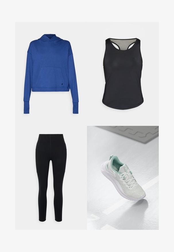 Sweaty Betty AFTER CLASS HOODY - Džemperis ar kapuci - flux blue; Melna sporta tank top ar noapaļotu apakšmalu, sacensību aizmuguri un gludu, elastīgu audumu. Iespējo zemā sāna ir smalka logo.; Melni augsta jostasvietas legingi, izgatavoti no elastīga materiāla, ar sānu kabatām un gludām šuvēm, nodrošinot elegantu izskatu.; Gaišpelēka sporta apava ar teksturētu trikotāžas augšu, mentolzaļiem akcentiem, baltām šņorēm, gumijas zoli un cilpu uz papēža.